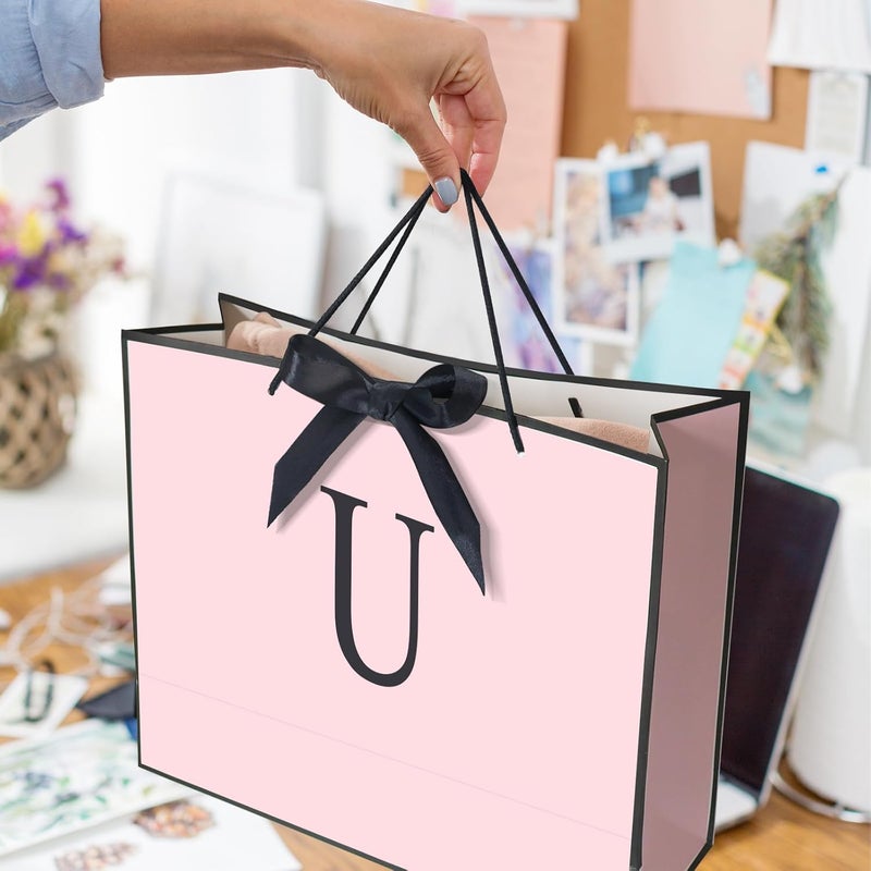 QLSKO Personalized Initial Paper Bag for Women Grils,Monogrammed Gift Bag with Bow Ribbon,Wrapping Tissue and Card Matching Envelope Sticker (Pink, U-Medium) - Image 5